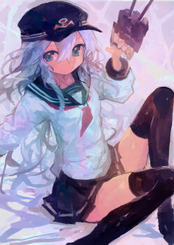 1girl absurdres black_sailor_collar black_skirt black_thighhighs blue_eyes closed_mouth commentary flat_cap hair_between_eyes hat hibiki_(kancolle) highres holding kaamin_(mariarose753) kantai_collection long_hair long_sleeves looking_at_viewer neckerchief pleated_skirt red_neckerchief sailor_collar school_uniform serafuku simple_background sitting skirt solo thighhighs very_long_hair