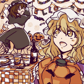 Rule 34 | 2girls, :d, alcohol, bat (animal), black capelet, black skirt, blush, bow, brown eyes, brown hair, capelet, collared dress, contrast collar, cup, dress, hair bow, halloween, hat, highres, holding, holding pumpkin, jack-o'-lantern, long sleeves, looking at another, maribel hearn, medium hair, mob cap, multiple girls, open mouth, plate, pumpkin, purple dress, sanwa no jako (daikichi club), shirt, shirt tucked in, short hair, skirt, sleeve cuffs, smile, standing, touhou, usami renko, utensil, whiskey, white hat, white shirt, yellow eyes