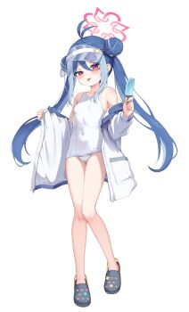 1girl absurdres ahoge bikini black_slippers blue_archive blue_hair blush breasts commentary_request covered_navel crocs double_bun food fubuki_(blue_archive) fubuki_(swimsuit)_(blue_archive) full_body hair_bun halo highres holding holding_food holding_ice_cream ice_cream jacket jacket_partially_removed loli long_hair looking_at_viewer official_alternate_costume one-piece_swimsuit pink_eyes pink_halo ryuhei_(lyuheyi1011) simple_background slippers small_breasts smile solo standing swimsuit tongue tongue_out white_background white_bikini white_jacket white_one-piece_swimsuit