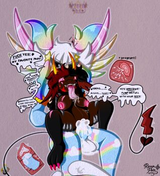 bad_tag breasts breeding_kink commentary cum cum_in_pussy cum_inflation cum_on_body cum_on_penis cum_on_testicles ejaculation english_commentary female_x_male furry highres horns inflation lactation large_testicles penis pregnant single_horn size_difference speech_bubble talking tears testicles tongue tongue_out x-ray_view