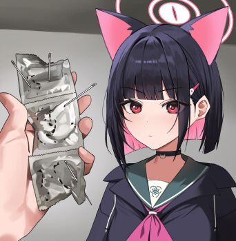 1girl absurdres adjusting_clothes adjusting_necktie animal_ears bite_mark black_choker black_hair black_hoodie black_jacket blue_archive cat_choker cat_ears choker colored_inner_animal_ears colored_inner_hair condom condom_packet_strip condom_wrapper extra_ears green_sailor_collar hair_ornament hairclip halo highres hood hoodie jacket kazusa_(blue_archive) momocadraw multicolored_hair neckerchief necktie needle pink_hair pink_halo pink_neckerchief red_eyes sabotaged_condom sailor_collar short_hair solo two-tone_hair