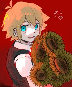 Rule 34 | 1boy, alternate color, antenna hair, basil (faraway) (omori), basil (omori), black sweater vest, blonde hair, blue eyes, blush, collared shirt, commentary request, dated, double-parted bangs, flower, hair between eyes, holding, holding flower, looking at viewer, male focus, omori, open mouth, rasu (pixiv9799832), red background, shirt, short hair, short sleeves, sidelocks, simple background, smile, solo, sunflower, sweater vest, upper body, white shirt