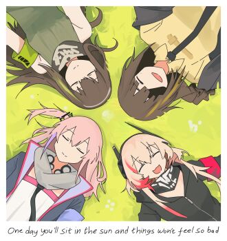 4girls absurdres anti-rain_(girls'_frontline) armband bandana bandana_around_neck black_jacket black_necktie blonde_hair braid brown_hair closed_eyes closed_mouth commentary english_commentary english_text eyepatch facing_viewer girls'_frontline grass green_armband green_hair headgear highres hood hooded_jacket jacket long_hair lying m16a1_(girls'_frontline) m4_sopmod_ii_(girls'_frontline) m4a1_(girls'_frontline) multicolored_hair multiple_girls myticalcat necktie on_back one_side_up open_clothes open_jacket open_mouth pink_hair purple_armband purple_hair red_armband red_hair shirt smile st_ar-15_(girls'_frontline) streaked_hair two-tone_hair yellow_shirt