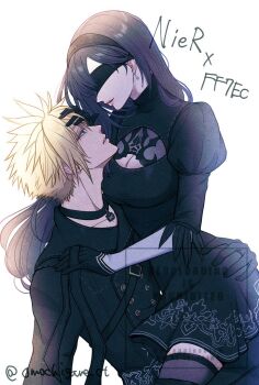 1boy 1girl 2b_(nier:automata) 9s_(nier:automata) arm_support black_choker black_dress black_gloves black_hair black_hairband black_jacket black_thighhighs blindfold blonde_hair blue_eyes breasts choker cleavage cleavage_cutout clothing_cutout cloud_strife commentary couple cowboy_shot dress earrings final_fantasy final_fantasy_vii final_fantasy_vii:_ever_crisis from_side gloves hairband hand_on_another&#039;s_ass hand_on_another&#039;s_forehead hetero jacket jewelry juliet_sleeves large_breasts long_hair long_sleeves looking_at_another nier:automata nier_(series) nier_reincarnation official_alternate_costume omochigame_ct parted_lips profile puffy_sleeves short_hair simple_background single_earring spiked_hair thighhighs tifa_lockhart turtleneck turtleneck_dress twitter_username white_background