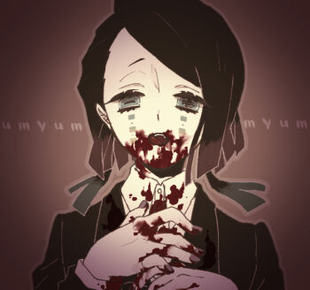 1boy asymmetrical_bangs black_jacket blood blood_in_mouth blood_on_clothes blood_on_face blood_on_hands blood_on_mouth brown_background brown_outline brown_theme buttons colored_tips commentary_request demon_boy english_text enmu_(kimetsu_no_yaiba) facial_mark fangs green_eyes hands_on_own_chest hungry jacket kimetsu_no_yaiba licking_lips long_sleeves looking_at_viewer male_focus medium_hair multicolored_hair muted_color open_mouth outline pale_skin purple_nails solo sosoyuimo straight-on suit_jacket symbol-shaped_pupils tears_facial_mark teeth text_background tongue tongue_out trap undershirt upper_body upper_teeth_only variant_set vignetting