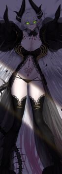 1girl absurdres babydoll bare_shoulders black_babydoll black_hands black_panties black_thighhighs body_markings breasts cleavage colored_extremities commentary_request crossed_bangs demon_girl demon_horns detached_collar earrings fate/grand_order fate_(series) fur_trim glowing glowing_eyes green_eyes grey_hair grin hair_between_eyes highres horns jewelry lace_trim large_breasts lilith_(fate) lilith_(third_ascension)_(fate) long_hair long_sleeves looking_at_viewer lying navel on_back outstretched_arms panties pointy_ears puffy_long_sleeves puffy_sleeves shiroshisu skeletal_tail smile solo stomach_tattoo tail tattoo thighhighs thighs underwear very_long_hair