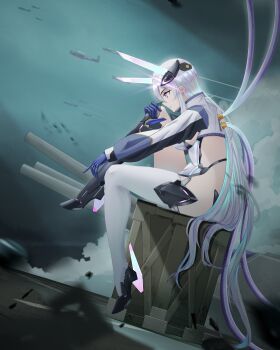 1girl absurdres aircraft airplane aqua_pupils artknight045 asymmetrical_legwear azur_lane blurry blurry_background blurry_foreground blush boots box breasts cable chinese_commentary cloud commentary_request crate cropped_jacket day from_side gloves grey_sky hair_ornament headgear high_heel_boots high_heels highres horns jacket kearsarge_(azur_lane) large_breasts leg_up leotard long_hair mechanical_gloves mechanical_horns military military_vehicle mismatched_legwear multicolored_gloves multicolored_leotard on_box outdoors propeller_fighter purple_eyes purple_gloves rudder_footwear ship_turret sideless_leotard single_thigh_boot sitting sitting_on_box sky solo subdermal_port taut_leotard tbf_avenger thigh_boots thighhighs thighs two-tone_gloves two-tone_leotard very_long_hair white_hair white_jacket white_leotard white_thighhighs