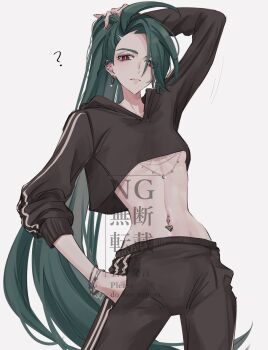1girl bracelet cropped_hoodie grey_hair hand_in_pocket highres hood hoodie jewelry long_hair looking_at_viewer midriff mtkpasta multiple_bracelets navel_piercing nintendo nipple_chain pants piercing pointy_ears pokemon pokemon_sv red_eyes rika_(pokemon) simple_background solo sweatpants watermark white_background