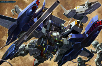 1girl 6+boys absurdres aeug astronaut beam_cannon cable core_fighter crater emma_sheen g-defenser gundam gundam_perfect_file highres in_orbit machinery mecha mecha_focus mecha_pilot_suit missile missile_pod mobile_suit moon multiple_boys normal_suit_(gundam) official_art open_hatch painting_(medium) pointing pointing_at_another realistic robot scan scene_reference science_fiction spacecraft spacesuit starfighter super_gundam tenjin_hidetaka thumbs_up traditional_media v-fin zero_gravity zeta_gundam