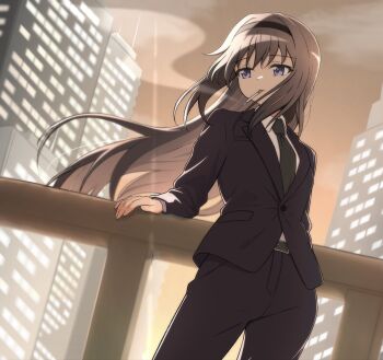 1girl against_railing akemi_homura alternate_costume black_hair black_pants black_suit cigarette collared_shirt commentary_request floating_hair formal_clothes green_necktie highres long_hair mahou_shoujo_madoka_magica mahou_shoujo_madoka_magica_(anime) necktie outdoors pants purple_eyes railing reno_3tomato shirt smoke smoking solo suit white_shirt