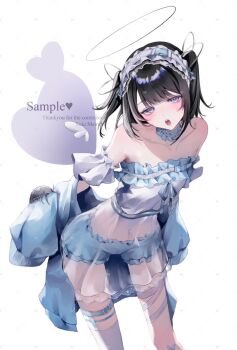 Rule 34 | 1girl, :o, angel, bandaid, bandaid on knee, bandaid on leg, bare shoulders, black hair, bloomers, blue bloomers, blue choker, blue jacket, blush, breasts, character name, choker, commentary request, commission, detached sleeves, foot out of frame, frilled bloomers, frilled choker, frilled hairband, frills, grey eyes, hairband, halo, highres, indie virtual youtuber, jacket, jacket partially removed, leaning forward, lolita hairband, looking at viewer, medium hair, nightgown, open mouth, sample watermark, see-through clothes, see-through midriff, see-through nightgown, shikuwata, short sleeves, simple background, single thighhigh, small breasts, solo, strapless, strapless nightgown, suiu memori, thigh strap, thighhighs, two side up, underwear, watermark, white background, white hairband, white nightgown, white thighhighs