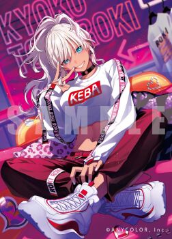 1girl black_choker blue_eyes breasts character_name choker clothes_hanger commentary_request company_name copyright_notice fingernails full_body grey_shirt grin indian_style natsuharu navel nijisanji official_alternate_costume official_alternate_hairstyle official_art pants ponytail red_pants sample_watermark shirt shoes sitting sleeves_past_wrists smile solo tan teeth todoroki_kyouko todoroki_kyouko_(4th_costume) virtual_youtuber watermark white_hair white_nails white_shirt white_shoes