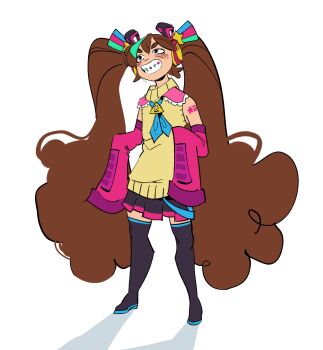 1girl bare_shoulders bill_cipher birthday_connection black_skirt blue_neckerchief boots braces brown_eyes character_ornament collared_sweater cosplay detached_sleeves flat_chest gravity_falls hair_ornament handprint hatsune_miku hatsune_miku_(cosplay) headphones headset highres long_hair mabel_pines neckerchief patchwork_clothes pink_sleeves pleated_skirt shooting_star_(symbol) shooting_star_hair_ornament shoulder_tattoo skirt sleeveless sleeveless_sweater sleeves_past_fingers sleeves_past_wrists star_(symbol) star_hair_ornament star_tattoo stitchedspider sweater tattoo thigh_boots thighhighs twintails very_long_hair vocaloid yellow_sweater zettai_ryouiki