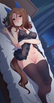 1girl absurdres animal_ears babydoll black_babydoll black_thighhighs blush bottomless breasts brown_hair commission ear_covers geerux glint highres horse_ears horse_tail indoors jewelry king_halo_(umamusume) long_hair lying medium_breasts nipples no_shoes on_back on_bed pussy red_eyes ring second-party_source see-through_clothes solo tail thighhighs umamusume