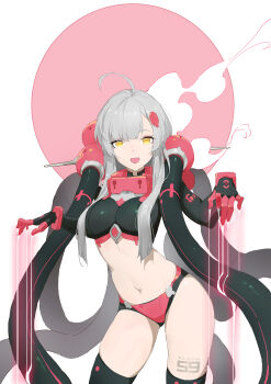 1girl ahoge bikini black_bikini black_thighhighs dripping fang grey_hair highres huang_(volt0526) looking_at_viewer mecha_musume navel open_mouth original puppet_strings red_bikini revision science_fiction skin_fang smile smoke solo stomach swimsuit tentacles thighhighs tube yellow_eyes