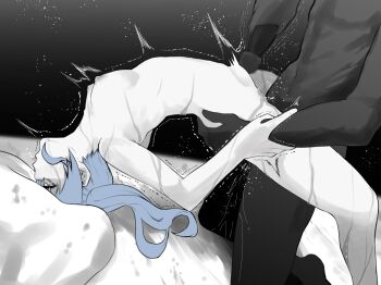 1boy 1girl arched_back bed_sheet blue_hair blush boy_on_top breasts completely_nude dark-skinned_male dark_skin dildo female_orgasm happa_freee head_back heart heart-shaped_pupils hetero highres hitachi_magic_wand holding holding_another&#039;s_wrist holding_sex_toy hololive hoshimachi_suisei interracial nipples nude open_mouth orgasm saliva sex sex_toy small_breasts solo_focus stomach_bulge sweat symbol-shaped_pupils tongue tongue_out torso_grab trembling vibrator vibrator_on_clitoris virtual_youtuber