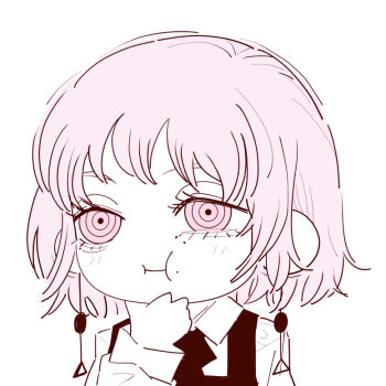 1girl chainsaw_man chibi chibi_only closed_mouth deer60868637 dress earrings fami_(chainsaw_man) fourth_east_high_school_uniform jewelry limited_palette medium_hair mole mole_under_eye multiple_moles pinafore_dress purple_eyes purple_hair ringed_eyes school_uniform sleeveless sleeveless_dress solo