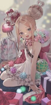 1girl abigail_williams_(fate) abigail_williams_(santa)_(fate) absurdres bare_shoulders blonde_hair blue_eyes blush bow box breasts cloak double_bun dress fate/grand_order fate_(series) forehead fork fur-trimmed_cloak fur_trim gift gift_box hair_bow hair_bun highres lazu0721 long_hair looking_at_viewer open_mouth oversized_object pantyhose parted_bangs red_bow red_cloak sash sidelocks small_breasts smile stuffed_animal stuffed_toy suitcase teddy_bear tiara very_long_hair white_bow white_dress white_pantyhose