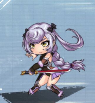 1girl animated animated_gif black_leotard bow braid breasts chibi fighting_stance full_body grey_hair hair_bow hatori_seishu holding holding_weapon jumping leotard lilith-soft looking_ahead shiny_skin single_braid skirt small_breasts standing taimanin_(series) taimanin_rpgx taimanin_suit transparent_background twintails weapon yellow_eyes