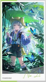 1girl absurdres adapted_costume animal_ears arms_up backpack bag bell binoculars black_boots black_choker black_shorts boots bridge bug butterfly character_name charm_(object) choker commentary cowboy_hat day english_commentary flower forest grey_eyes hat highres holding holding_leaf insect jacket leaf leaf_umbrella long_hair long_sleeves looking_around mismatched_pupils nature neck_bell no._21:_feral_(tiny_bad_wolf)_(pgr) no._21_(pgr) official_art open_clothes open_jacket parted_lips picture_frame plant punishing:_gray_raven purple_flower purple_jacket shirt shirt_tucked_in shorts sky sleeve_cuffs socks solo standing star-shaped_pupils star_(symbol) sunlight symbol-shaped_pupils tree tumbler vines white_hair white_shirt white_socks wolf_ears wolf_print wooden_bridge