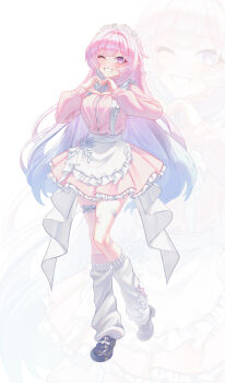 1girl absurdres alternate_costume apron bandaid breasts commentary_request cyrene_(honkai:_star_rail) cyrene_(ripples_of_past_reverie)_(honkai:_star_rail) diamond-shaped_pupils diamond_(shape) dress gradient_hair grin headdress heart heart_hands highres honkai:_star_rail honkai_(series) jewelry lala_2080 large_breasts looking_at_viewer multicolored_hair one_eye_closed pink_dress pink_hair pointy_ears purple_eyes purple_hair sidelocks smile socks symbol-shaped_pupils thighlet white_socks zoom_layer