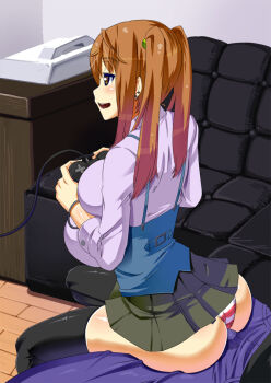 ass breasts brown_hair bulge buttjob buttjob_over_clothes controller erection erection_under_clothes game_controller gamepad grinding huge_ass huge_breasts panties pink_panties serubitchi_suisan smile thighhighs twintails underwear uo_denim
