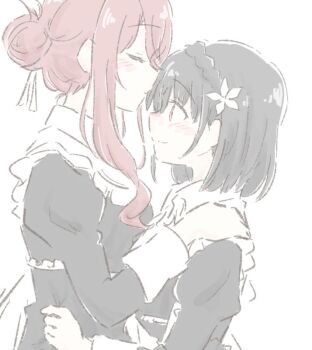2girls apron black_dress black_hair blush braid closed_eyes closed_mouth commentary_request crown_braid dress hand_on_another&#039;s_shoulder hand_on_another&#039;s_waist ilia_coral kiss kissing_forehead lainie_cyan long_hair maid maid_apron multiple_girls nick150iso red_eyes red_hair simple_background smile tensei_oujo_to_tensai_reijou_no_mahou_kakumei white_background yuri