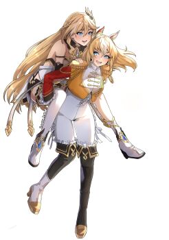 Rule 34 | 2girls, :d, absurdres, animal ears, artist name, benteja, blue eyes, boots, carrying, color connection, commission, commissioner upload, dress, durandal (chevalier fidele) (umamusume), durandal (honkai impact), durandal (palatinus equinox) (honkai impact), durandal (umamusume), full body, hair color connection, hair ornament, high heel boots, high heels, highres, honkai (series), honkai impact 3rd, horse ears, horse girl, jacket, long hair, multiple girls, name connection, non-web source, open mouth, pants, piggyback, single thighhigh, smile, thigh boots, thighhighs, transparent background, umamusume, white dress, white pants, yellow jacket