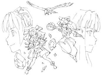 Rule 34 | 2girls, attack, breasts, fingerless gloves, gloves, hair ribbon, highres, ice, legs, long hair, looking at viewer, mamahaha, monochrome, multiple girls, nakoruru, open mouth, outstretched arms, pants, ribbon, rimururu, samurai spirits, serious, short hair, shorts, siblings, sisters, sketch, small breasts, smile, snk, the king of fighters, thighs, tongue, traditional media, weapon