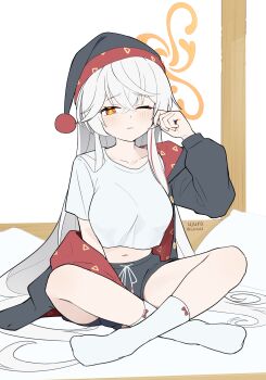 1girl absurdres black_hat black_jacket black_shorts blue_archive blush breasts closed_mouth commentary_request eri_(blue_archive) furrowed_brow halo hat highres indian_style indoors jacket kneehighs korean_commentary long_hair looking_at_viewer one_eye_closed open_clothes open_jacket shirt short_shorts short_sleeves shorts sitting socks solo t-shirt twitter_username ujuro very_long_hair white_shirt white_socks yellow_halo