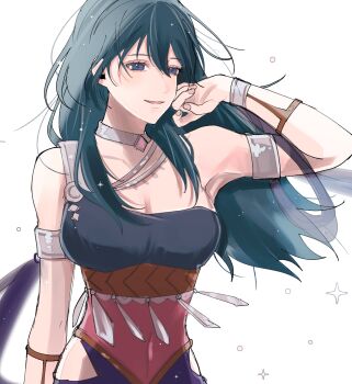 1girl alternate_costume ancient_greek_clothes armlet armpits bare_shoulders blue_eyes blue_hair breasts choker choker_jewel cleavage covered_navel dancer dancer_(fire_emblem:_three_houses) dress female_byleth_(fire_emblem) fire_emblem fire_emblem:_three_houses gem greco-roman_clothes hair_between_eyes highres jewelry long_hair looking_at_viewer medium_breasts nintendo parted_lips simple_background single-shoulder_dress single_strap smile solo tani11a upper_body white_background