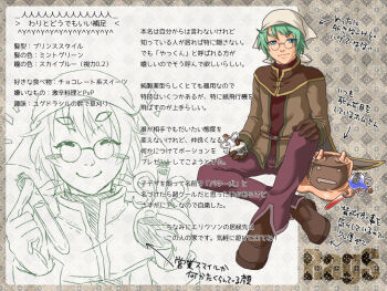 1boy alchemist_(ragnarok_online) blue_eyes brown_coat brown_gloves brown_shoes character_profile closed_mouth coat commentary_request flask full_body glasses gloves green_hair grey_background grey_headscarf hand_on_own_knee headscarf long_sleeves looking_at_viewer male_focus pants patterned_background potion purple_pants ragnarok_online shoes short_hair sitting smile solo takeru translation_request vanilmirth_(ragnarok_online) vial