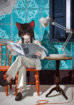 1girl absurdres animal_ears black_hair black_shoes cat_ears cat_girl chair crossed_legs desk_lamp ebiri_fy highres jacket lamp long_hair necktie newspaper original pants reading red_eyes red_necktie shoes sitting table white_jacket white_pants