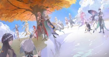 4boys 6+girls absurdres aglaea_(honkai:_star_rail) anaxa_(honkai:_star_rail) animal_ears black_dress black_hair black_leotard blonde_hair blue_hair blue_sky breasts castorice_(honkai:_star_rail) cat_ears cat_girl cat_tail cerydra_(honkai:_star_rail) chrysos_heirs_(honkai:_star_rail) cipher_(honkai:_star_rail) coat crown cyrene_(honkai:_star_rail) cyrene_(ripples_of_past_reverie)_(honkai:_star_rail) dan_heng_(honkai:_star_rail) dan_heng_(permansor_terrae)_(honkai:_star_rail) dragon_boy dragon_horns dragon_tail dress evernight_goddess green_hair highres holding holding_umbrella honkai:_star_rail honkai_(series) horns hyacine_(honkai:_star_rail) hysilens_(honkai:_star_rail) kiraandfriends large_breasts leotard long_hair multiple_boys multiple_girls pink_hair polyxia_(honkai:_star_rail) red_hair short_hair siblings sisters sky stelle_(honkai:_star_rail) tail topless_other trailblazer_(honkai:_star_rail) tree tribios_(honkai:_star_rail) umbrella very_long_hair wheelchair white_coat white_hair