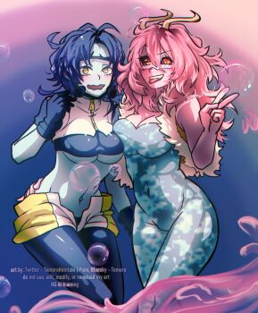 2girls absurdres ashido_mina black_eyes blue_hair blue_skin boku_no_hero_academia bubble bubble_girl_(boku_no_hero_academia) colored_skin eye_mask highres horns loose_hair_strand mask multiple_girls open_clothes open_mouth pink_hair pink_skin short_hair temerohimitaki tongue tongue_out yellow_eyes