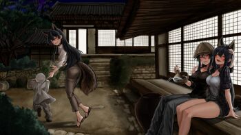 1boy 3girls absurdres alcohol animal_ears black_hair black_pants black_shirt black_shoes black_shorts breasts child cleavage collared_shirt crying drooling drunk fox_ears fox_girl fox_tail full_body grey_hat grey_pants hair_between_eyes hand_on_another&#039;s_head hat highres holding holding_ladle kitsune ladle large_breasts lh long_hair long_sleeves m4skedboi monk multiple_girls newsboy_cap night open_mouth outdoors pants red_eyes running scp-953 shaved_head shirt shoes short_sleeves shorts sidelocks sitting sleeves_rolled_up smile tail tree urn veranda white_shirt wine