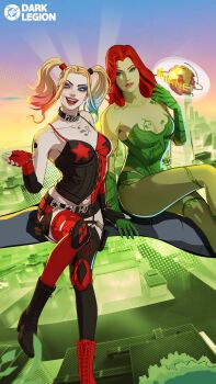2girls asymmetrical_legwear batman_(series) belt blonde_hair blue_eyes body_markings boots choker colored_skin colored_tips crossed_legs dc:_dark_legion dc_comics fingerless_gloves gloves green_boots green_eyes green_gloves green_leotard green_skin hand_on_another's_hand harley_quinn high_heel_boots high_heels highres leotard long_sidelocks makeup mismatched_boots mismatched_legwear multicolored_hair multiple_girls official_art on_tree poison_ivy red_hair sidelocks sitting spaghetti_strap thighhighs twintails