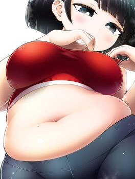 1girl absurdres belly big_mukimuki_&amp;_small_muchimuchi bike_shorts black_eyes black_hair black_shorts blush bob_cut breasts bright_pupils close-up clothes_pull gym_shorts highres hinoharaf_(14310486) medium_breasts mole mole_on_stomach muffin_top navel original plump red_sports_bra short_hair shorts solo sports_bra sports_bra_pull tight_clothes white_background white_pupils