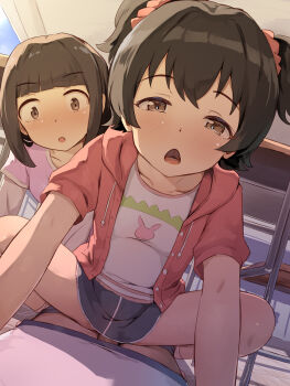 1boy 2girls akagi_miria blue_skirt blush brown_eyes brown_hair clothed_sex commentary_request cowgirl_position girl_on_top hair_ornament hair_scrunchie hetero highres idolmaster idolmaster_cinderella_girls jacket loli looking_at_viewer multiple_girls open_clothes open_jacket pov pov_crotch red_jacket red_scrunchie scrunchie seneto sex short_hair short_sleeves skirt stealth_sex straddling two_side_up