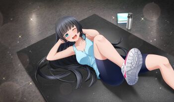 1girl ;d arms_behind_head bike_shorts black_hair black_shorts blue_tank_top bottle cinderella_series collarbone dumbbell_nan_kilo_moteru? dutch_angle exercising film_grain foot_out_of_frame game_cg green_eyes hachigatsu_no_cinderella_nine highres hime_cut indoors leg_up lens_flare light_particles long_hair looking_at_viewer lying non-web_source official_art on_back one_eye_closed open_mouth shoes shorts smile sneakers solo souryuuin_akemi sparkle sweat tank_top tile_floor tiles towel water_bottle