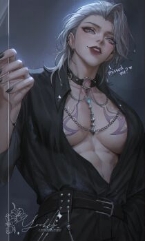 1girl absurdres black_nails black_pants black_shirt breasts chest_tattoo grey_hair highres large_breasts lips looking_at_viewer medium_hair o-ring_collar open_clothes open_shirt pants path_to_nowhere piercing shirt smile solo standing tattoo tomboy yuki_lu zoya_(path_to_nowhere)