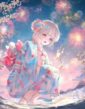 1girl ahoge animal_print anklet blue_eyes blue_flower blue_kimono blush bracelet fireworks floral_print flower hair_bun hair_flower hair_ornament hairclip highres holding japanese_clothes jewelry kimono large_variant_set looking_at_viewer makeup night obi original outdoors print_kimono sash short_hair sky smile solo sparkler squatting variant_set water wide_sleeves xixizi yukata