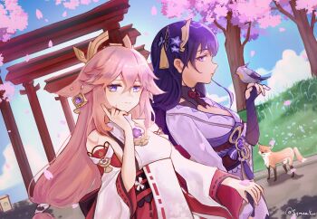 2girls animal_ear_piercing animal_ears artist_name bare_shoulders bird bird_on_hand blue_sky blunt_bangs bridal_gauntlets cherry_blossoms cloud cloudy_sky commentary_request couple dappled_sunlight earrings falling_petals fox fox_ears fox_girl bad_tag genshin_impact grass hair_between_eyes hair_ornament headpiece highres japanese_clothes jewelry kimono long_hair long_sleeves looking_at_viewer looking_to_the_side mitsudomoe_(shape) mole mole_under_eye multiple_girls outdoors pendant petals pink_hair pink_petals purple_eyes purple_hair purple_kimono raiden_shogun red_sash sash shade sky standing sunlight symzae tomoe_(symbol) tree twitter_username upper_body wide_sleeves yae_miko yuri