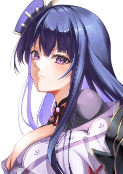 1girl armor blunt_bangs blush breasts cleavage closed_mouth commentary_request fan_hair_ornament from_side genshin_impact head_tilt highres huge_breasts japanese_clothes kimono light_smile long_hair looking_at_viewer marbo_(saico556) mole mole_under_eye neck_ribbon off_shoulder purple_eyes purple_hair purple_kimono raiden_shogun red_ribbon ribbon shade shoulder_armor simple_background solo upper_body white_background