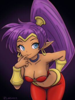 Rule 34 | 1girl, arm behind back, bandeau, bare shoulders, bent over, blue eyes, breasts, circlet, cleavage, closed mouth, collarbone, crop top, dark-skinned female, dark skin, earrings, finger to mouth, genie, gradient background, high ponytail, highres, hoop earrings, jewelry, lemonlime709, long hair, medium breasts, navel, pants, pointy ears, ponytail, purple background, purple hair, red pants, shantae, shantae (series), smile, solo, stomach, strapless, vambraces, very long hair