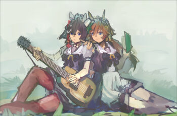 Rule 34 | 2girls, absurdres, animal ears, back-to-back, bad link, black hair, blue eyes, book, brown hair, closed mouth, crossed bangs, day, ear covers, feet out of frame, grass, grey hair, guitar, hair between eyes, hair ornament, hand on another's shoulder, highres, holding, holding book, holding guitar, holding instrument, horse ears, instrument, katsuragi ace (umamusume), knee up, long hair, looking at another, mr. c.b. (umamusume), multicolored hair, multiple girls, on ground, open book, outdoors, pantyhose, school uniform, shirt, shirt tucked in, short sleeves, sitting, skirt, smile, tracen school uniform, two-tone hair, umamusume, wista