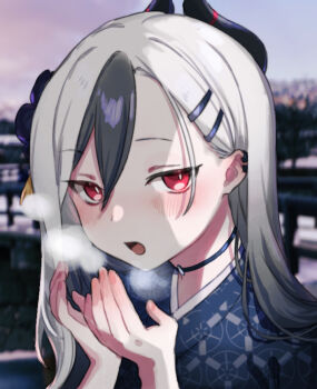 1girl black_choker black_hair black_horns black_kimono blue_archive blush breath bright_pupils choker cold commentary_request demon_girl demon_horns gradient_hair grey_hair hair_behind_ear hair_between_eyes hair_ornament hair_over_shoulder hairclip hands_up horns japanese_clothes kayoko_(blue_archive) kayoko_(new_year)_(blue_archive) kimono kisaka long_hair looking_at_viewer multicolored_hair official_alternate_costume official_alternate_hairstyle open_mouth outdoors parallel_hairclips red_eyes sidelighting slit_pupils solo straight_hair tsurime two-tone_hair upper_body white_pupils