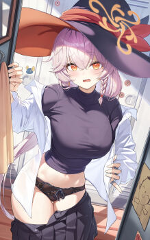 absurdres black_panties black_skirt blue_archive blush braid breasts commentary cowboy_shot cropped_shirt doodle_sensei_(blue_archive) eri_(blue_archive) guegue halo hat hat_ribbon highres impossible_clothes impossible_shirt indoors jewelry large_breasts long_hair looking_at_viewer multiple_rings navel open_clothes open_shirt orange_eyes panties pleated_skirt purple_hair red_ribbon ribbon ring sensei_(blue_archive) shirt skirt underwear very_long_hair white_shirt witch_hat