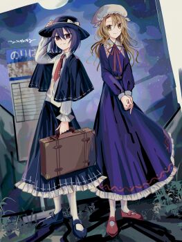 Rule 34 | 2girls, belt, black capelet, black hair, black hat, black shoes, black skirt, blonde hair, bow, briefcase, brown eyes, capelet, collared dress, collared shirt, commentary request, dress, frilled dress, frilled skirt, frills, full body, hand on own hat, hat, hat bow, highres, holding, holding briefcase, long skirt, long sleeves, maribel hearn, mary janes, medium hair, mob cap, multiple girls, neck ribbon, necktie, purple dress, red necktie, red ribbon, red shoes, ribbon, ribbon-trimmed capelet, ribbon-trimmed skirt, ribbon trim, shirt, shirt tucked in, shoes, sign, signature, skirt, smile, standing, star (sky), tie clip, touhou, usami renko, white bow, white hat, yatsushiki shigi, yellow eyes