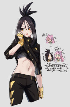 2girls aoki_shizumi black_hair black_jacket black_sports_bra black_track_suit blush breasts chibi chibi_inset clothes_lift commentary_request cropped_legs cross_scar dendra_(pokemon) earrings fingerless_gloves flower_earrings gloves green_eyes highres jacket jacket_lift jewelry lab_coat lifting_own_clothes long_hair miriam_(pokemon) multiple_girls navel nintendo off-shoulder_sweater off_shoulder open_mouth pink_hair pokemon pokemon_sv purple_hair scar scar_on_face scar_on_forehead school_nurse sidelocks smile solo_focus sports_bra steaming_body stethoscope sweat sweater three-quarter_sleeves track_jacket track_suit translation_request turtleneck turtleneck_jacket updo yellow_gloves yellow_sweater yuri zipper_pull_tab